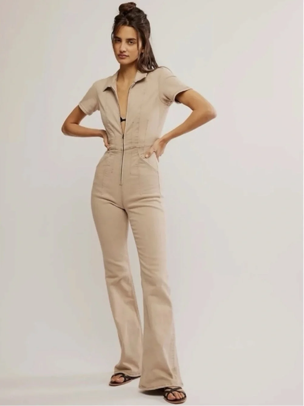 Free People We The Free Jayde Flare Jumpsuit in Blushing Size Large NWT Neutral